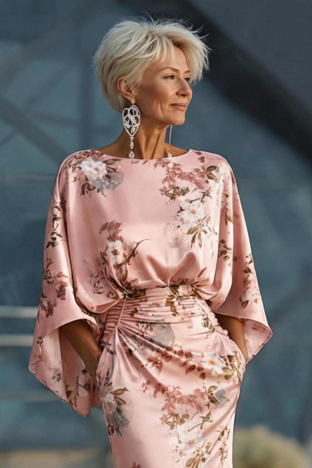 Floral Dusty Rose Ruched Boat Neck Ruched Long Mother of the Bride Dress with Pockets