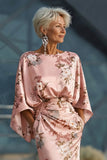 Floral Dusty Rose Ruched Boat Neck Ruched Long Mother of the Bride Dress with Pockets