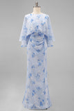 Floral Dusty Rose Boat Neck Chiffon Sheath Long Mother of the Bride Dress with Pockets
