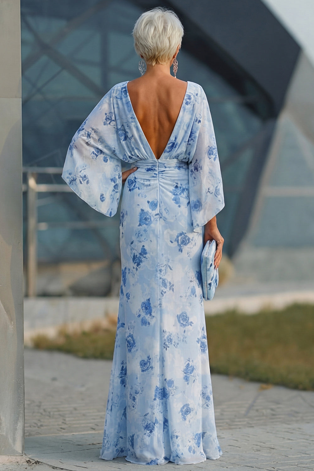 Floral Dusty Rose Boat Neck Chiffon Sheath Long Mother of the Bride Dress with Pockets