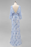 Floral Dusty Rose Boat Neck Chiffon Sheath Long Mother of the Bride Dress with Pockets