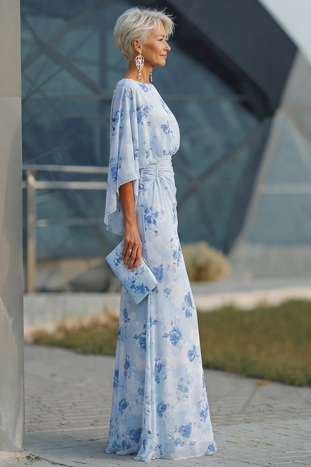 Floral Dusty Rose Boat Neck Chiffon Sheath Long Mother of the Bride Dress with Pockets
