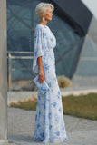 Floral Dusty Rose Boat Neck Chiffon Sheath Long Mother of the Bride Dress with Pockets