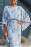 Floral Dusty Rose Boat Neck Chiffon Sheath Long Mother of the Bride Dress with Pockets