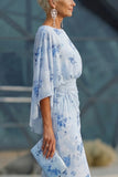 Floral Dusty Rose Boat Neck Chiffon Sheath Long Mother of the Bride Dress with Pockets
