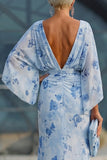 Floral Dusty Rose Boat Neck Chiffon Sheath Long Mother of the Bride Dress with Pockets