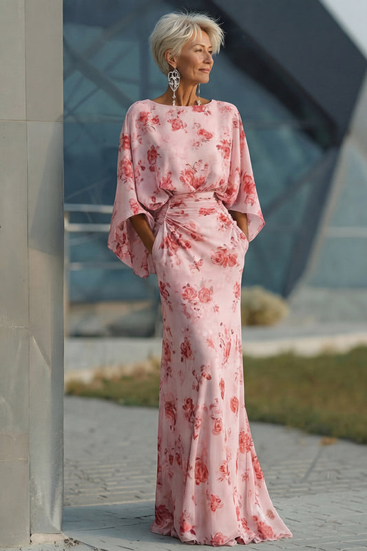 Floral Dusty Rose Boat Neck Chiffon Sheath Long Mother of the Bride Dress with Pockets