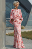 Floral Dusty Rose Boat Neck Chiffon Sheath Long Mother of the Bride Dress with Pockets
