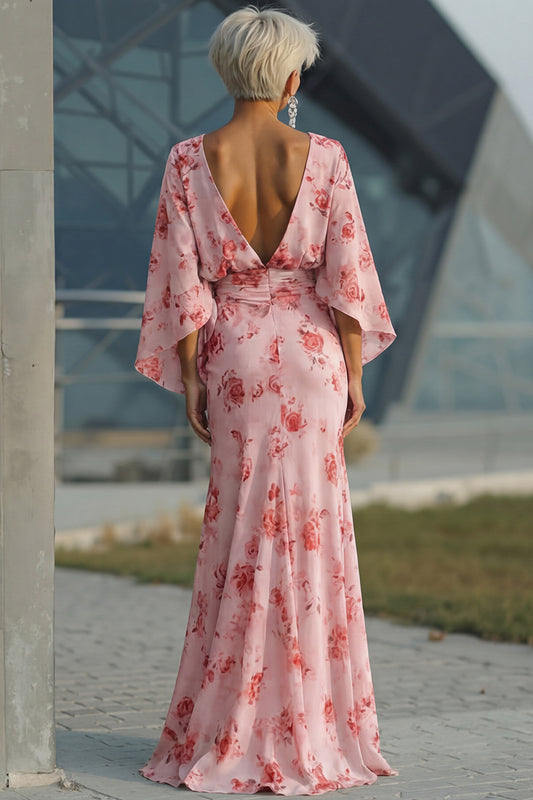 Floral Dusty Rose Boat Neck Chiffon Sheath Long Mother of the Bride Dress with Pockets