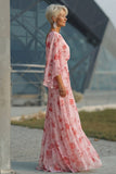 Floral Dusty Rose Boat Neck Chiffon Sheath Long Mother of the Bride Dress with Pockets