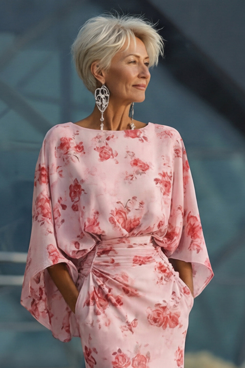 Floral Dusty Rose Boat Neck Chiffon Sheath Long Mother of the Bride Dress with Pockets