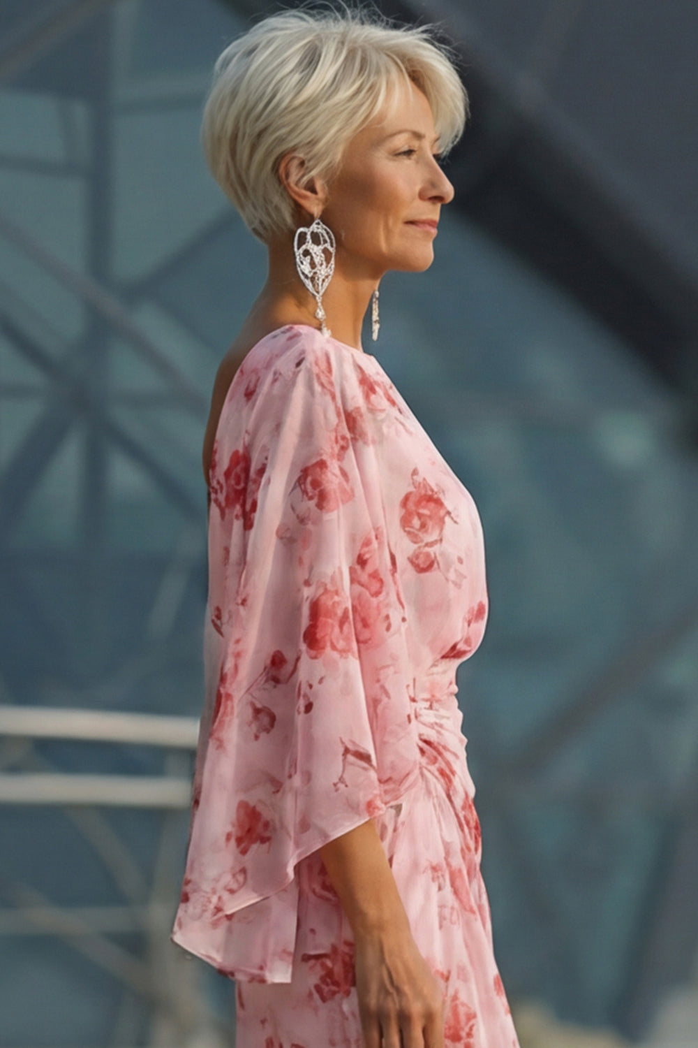 Floral Dusty Rose Boat Neck Chiffon Sheath Long Mother of the Bride Dress with Pockets