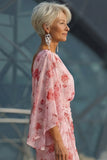 Floral Dusty Rose Boat Neck Chiffon Sheath Long Mother of the Bride Dress with Pockets