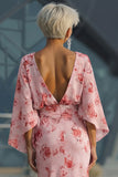 Floral Dusty Rose Boat Neck Chiffon Sheath Long Mother of the Bride Dress with Pockets