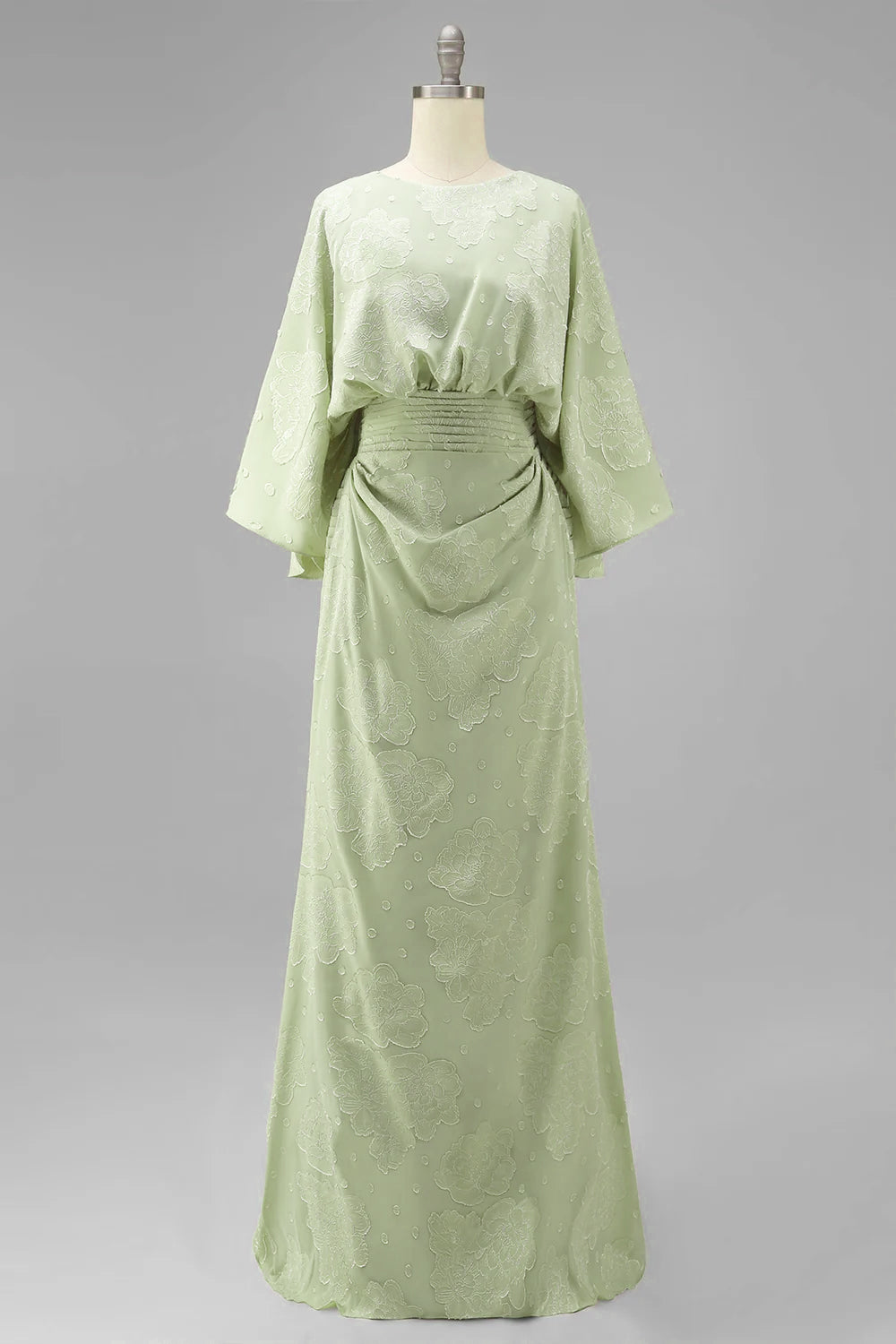 Floral Sage Green Boat Neck Sheath Long Mother of the Bride Dress with Sleeves