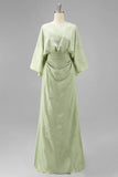 Floral Sage Green Boat Neck Sheath Long Mother of the Bride Dress with Sleeves