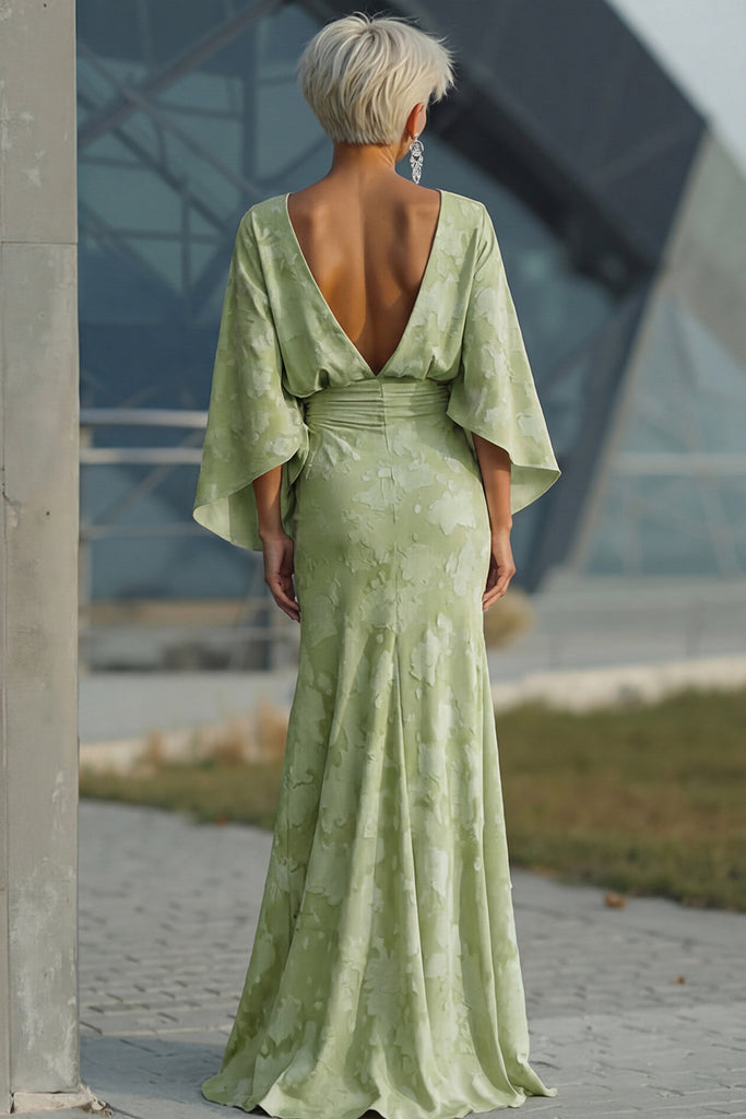 Zapakasa Women Floral Sage Green Ruched Long Mother of the Bride Dress