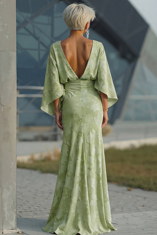 Floral Sage Green Boat Neck Sheath Long Mother of the Bride Dress with Sleeves