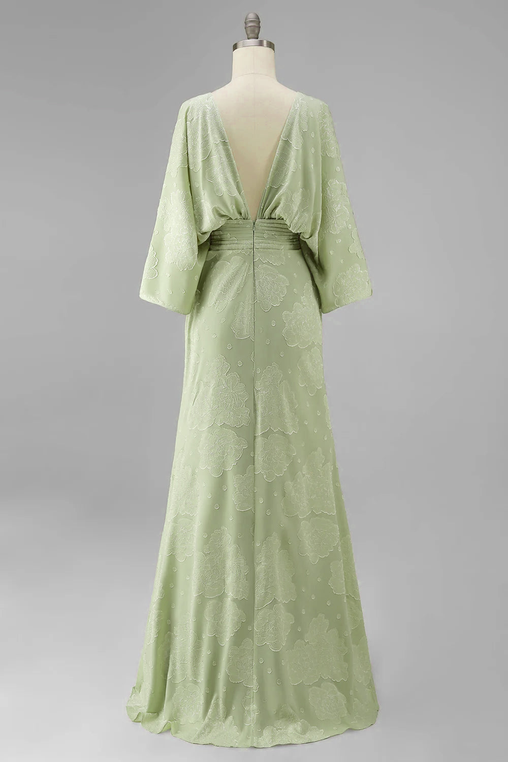 Floral Sage Green Boat Neck Sheath Long Mother of the Bride Dress with Sleeves
