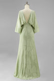 Floral Sage Green Boat Neck Sheath Long Mother of the Bride Dress with Sleeves