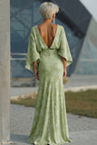 Floral Sage Green Boat Neck Sheath Long Mother of the Bride Dress with Sleeves