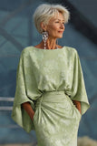 Floral Sage Green Boat Neck Sheath Long Mother of the Bride Dress with Sleeves