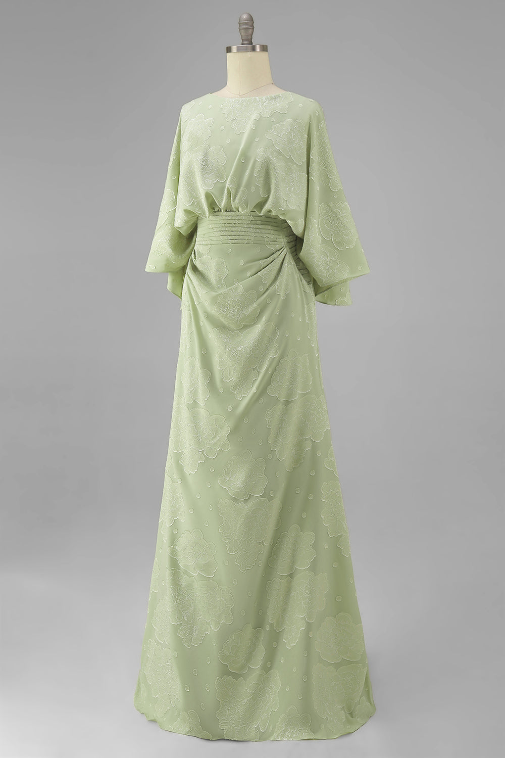 Floral Sage Green Boat Neck Sheath Long Mother of the Bride Dress with Sleeves