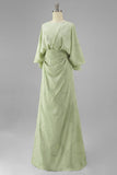 Floral Sage Green Boat Neck Sheath Long Mother of the Bride Dress with Sleeves