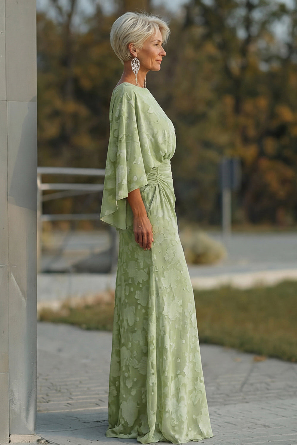 Floral Sage Green Boat Neck Sheath Long Mother of the Bride Dress with Sleeves