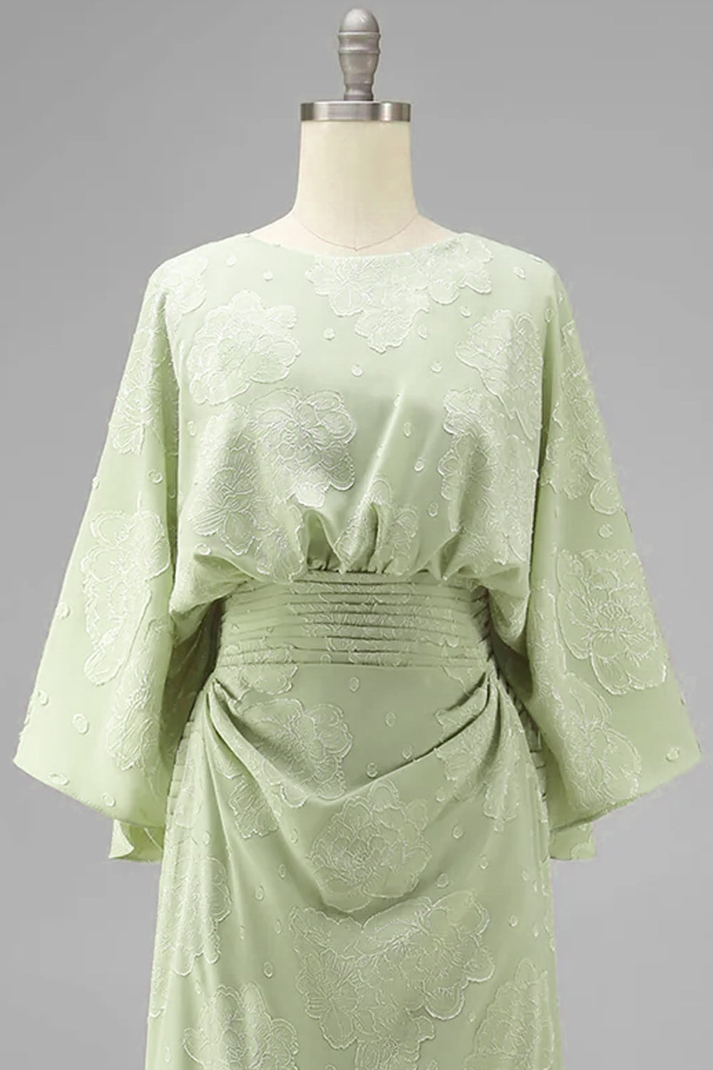 Floral Sage Green Boat Neck Sheath Long Mother of the Bride Dress with Sleeves