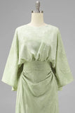 Floral Sage Green Boat Neck Sheath Long Mother of the Bride Dress with Sleeves