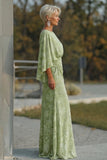 Floral Sage Green Boat Neck Sheath Long Mother of the Bride Dress with Sleeves