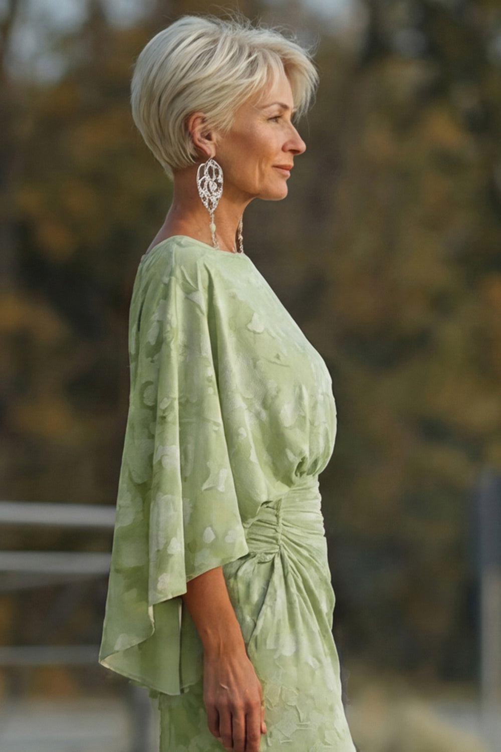 Floral Sage Green Boat Neck Sheath Long Mother of the Bride Dress with Sleeves