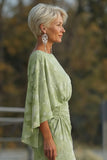 Floral Sage Green Boat Neck Sheath Long Mother of the Bride Dress with Sleeves