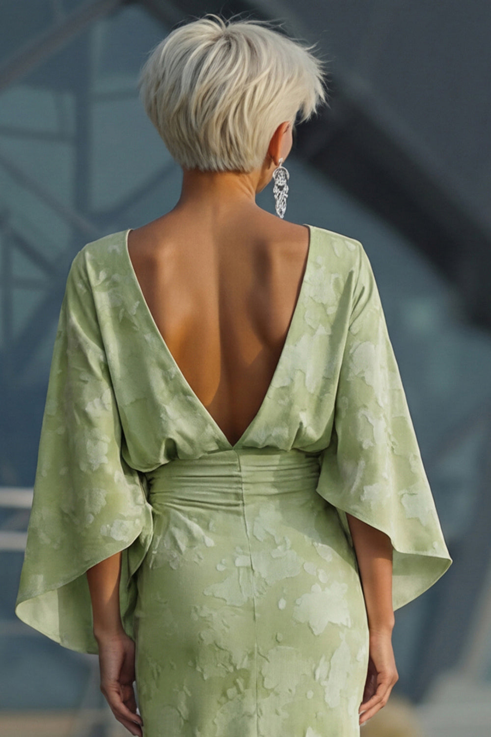 Floral Sage Green Boat Neck Sheath Long Mother of the Bride Dress with Sleeves