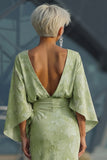 Floral Sage Green Boat Neck Sheath Long Mother of the Bride Dress with Sleeves