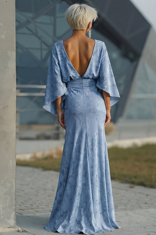 Floral Dusty Blue Sheath Boat Neck Pockets Long Mother of the Bride Dress with Sleeves
