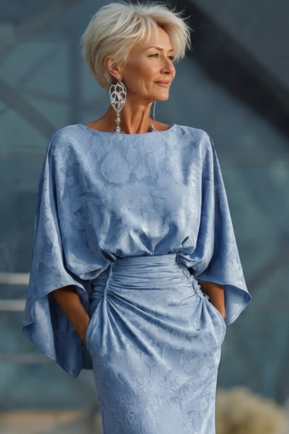 Floral Dusty Blue Sheath Boat Neck Pockets Long Mother of the Bride Dress with Sleeves