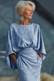 Floral Dusty Blue Sheath Boat Neck Pockets Long Mother of the Bride Dress with Sleeves