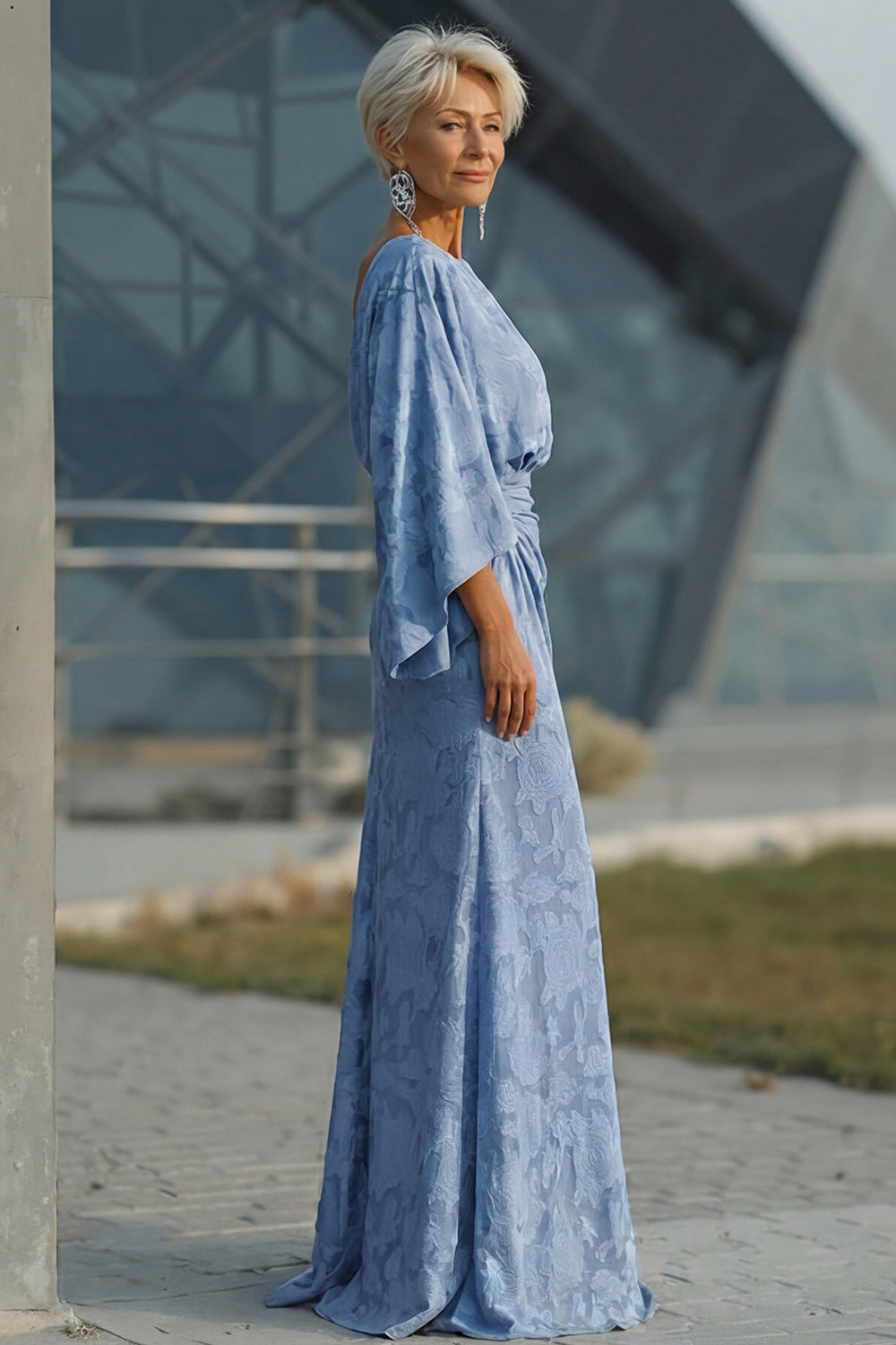 Zapaka Women Dusty Blue Floral Mother of the Bride Dress with Flared Sleeves Sheath Ruched Wedding Guest Dress, Dusty Blue / US6