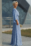 Floral Dusty Blue Sheath Boat Neck Pockets Long Mother of the Bride Dress with Sleeves