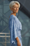Floral Dusty Blue Sheath Boat Neck Pockets Long Mother of the Bride Dress with Sleeves