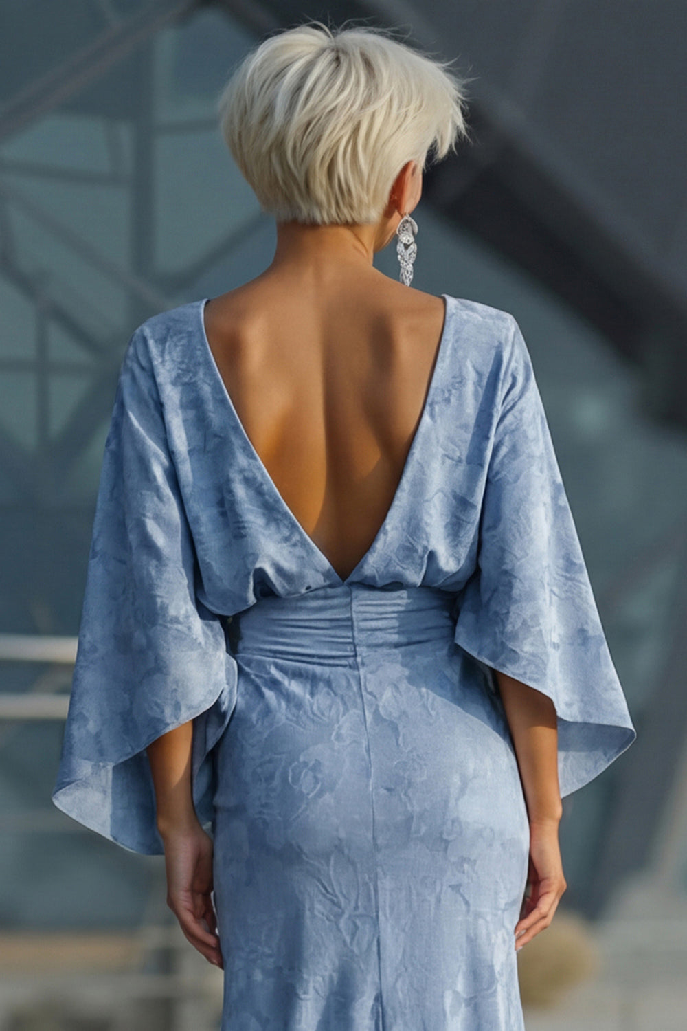 Floral Dusty Blue Sheath Boat Neck Pockets Long Mother of the Bride Dress with Sleeves