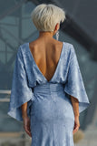 Floral Dusty Blue Sheath Boat Neck Pockets Long Mother of the Bride Dress with Sleeves