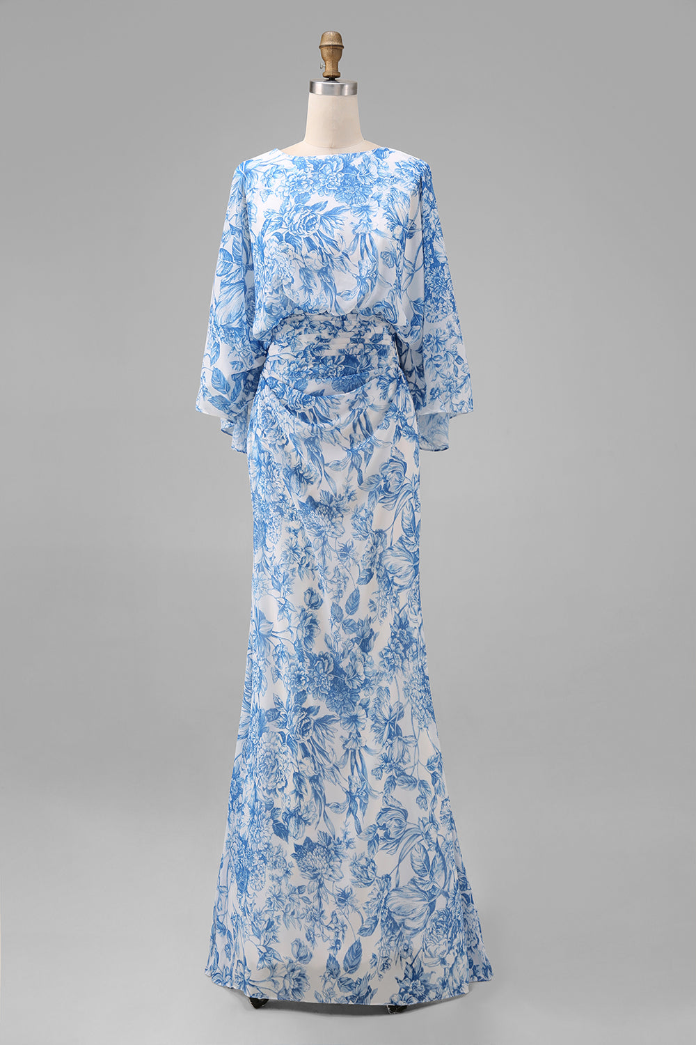 Zapakasa Women Floral White Blue Boat Neck Long Mother of the Bride Dress with Sleeves Sheath Backless Ruched Wedding Guest Dress with Pockets
