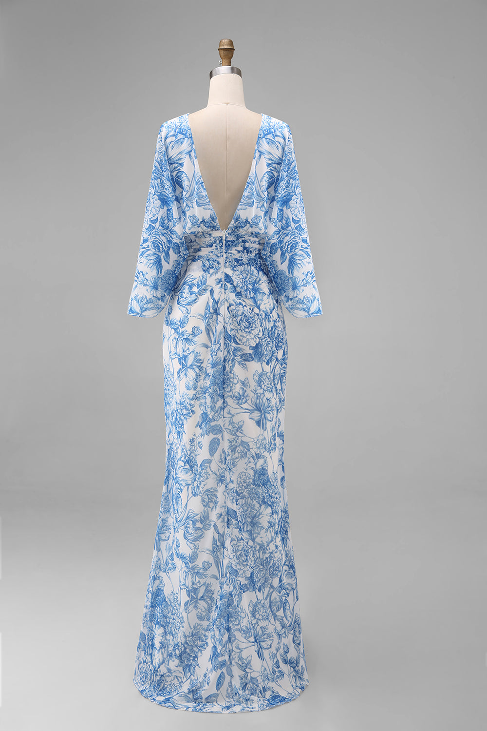 Floral White Blue Sheath Boat Neck Long Mother of the Bride Dress with Pockets