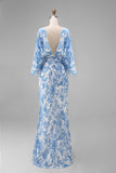 Floral White Blue Sheath Boat Neck Long Mother of the Bride Dress with Pockets