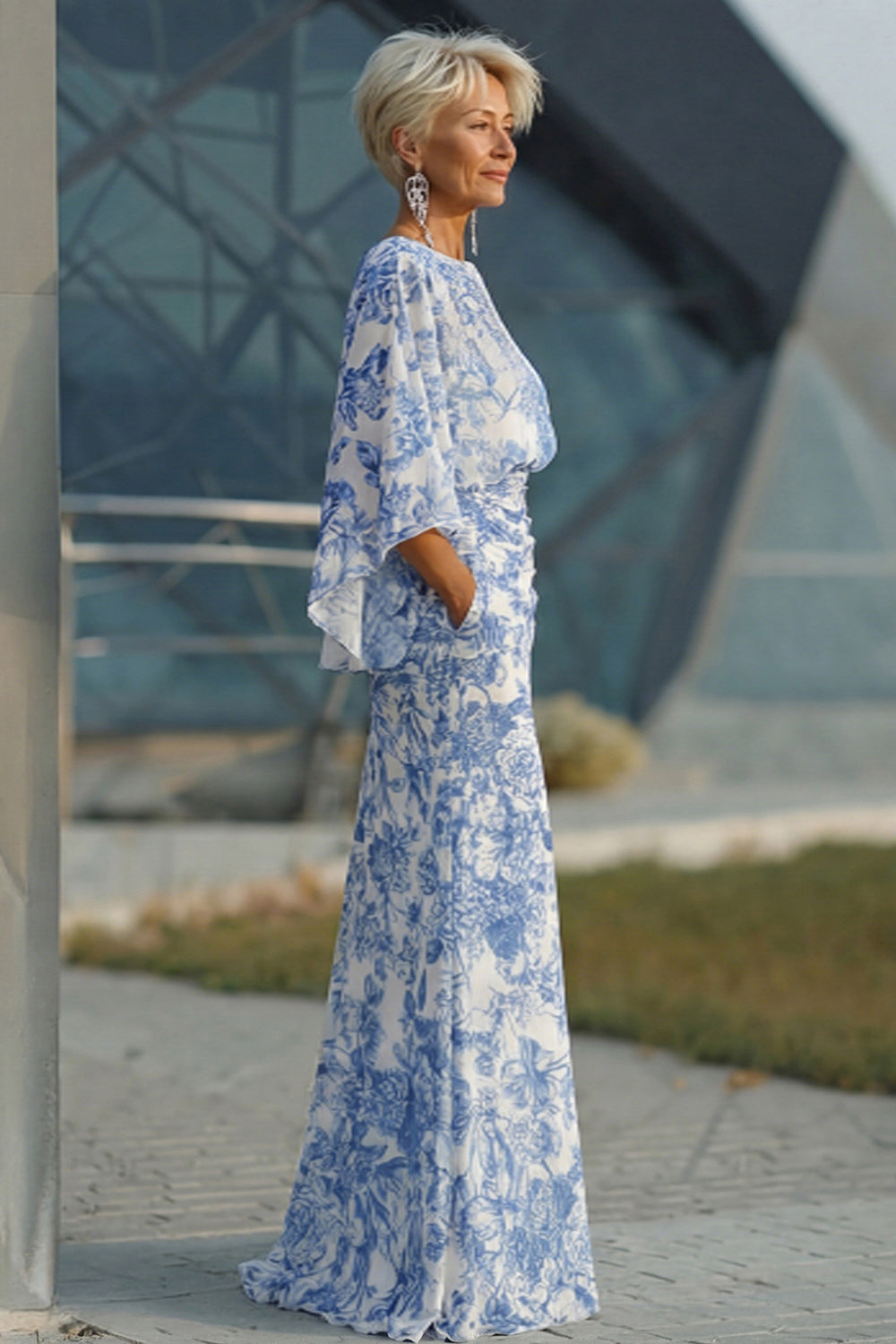 Floral White Blue Sheath Boat Neck Long Mother of the Bride Dress with Pockets