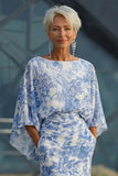 Floral White Blue Sheath Boat Neck Long Mother of the Bride Dress with Pockets