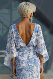 Floral White Blue Sheath Boat Neck Long Mother of the Bride Dress with Pockets